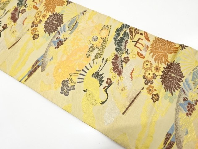 JAPANESE KIMONO / ANTIQUE CRANES / FAN / FLORAL PATTERN WOVEN MARU OBI